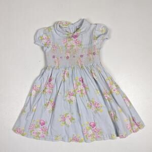 Vtg 90s Laura Ashley Dress Girls Sz 18m Blue Floral Smocked Cottagecore